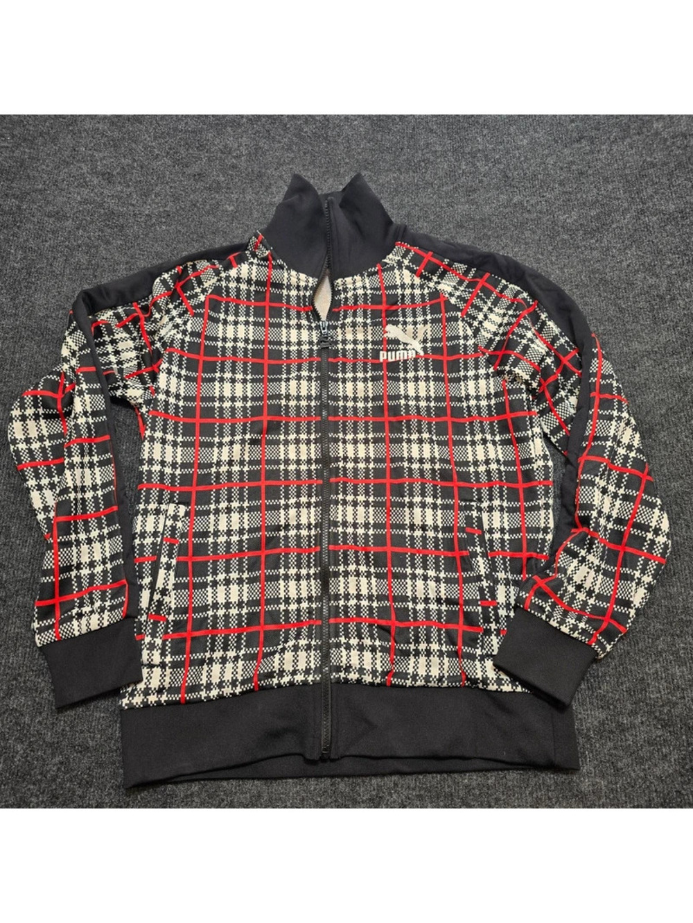 PUMA Men’s T7 ’68 Plaid Funnel Neck Track Jacket M 534561‑01 Black/White/Red